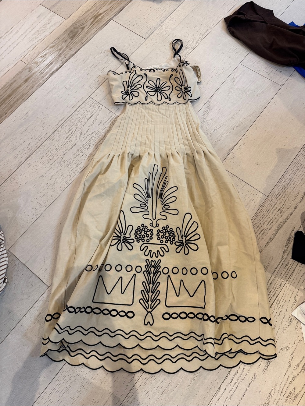 Beige Embroidered Maxi Dress with Black Trim